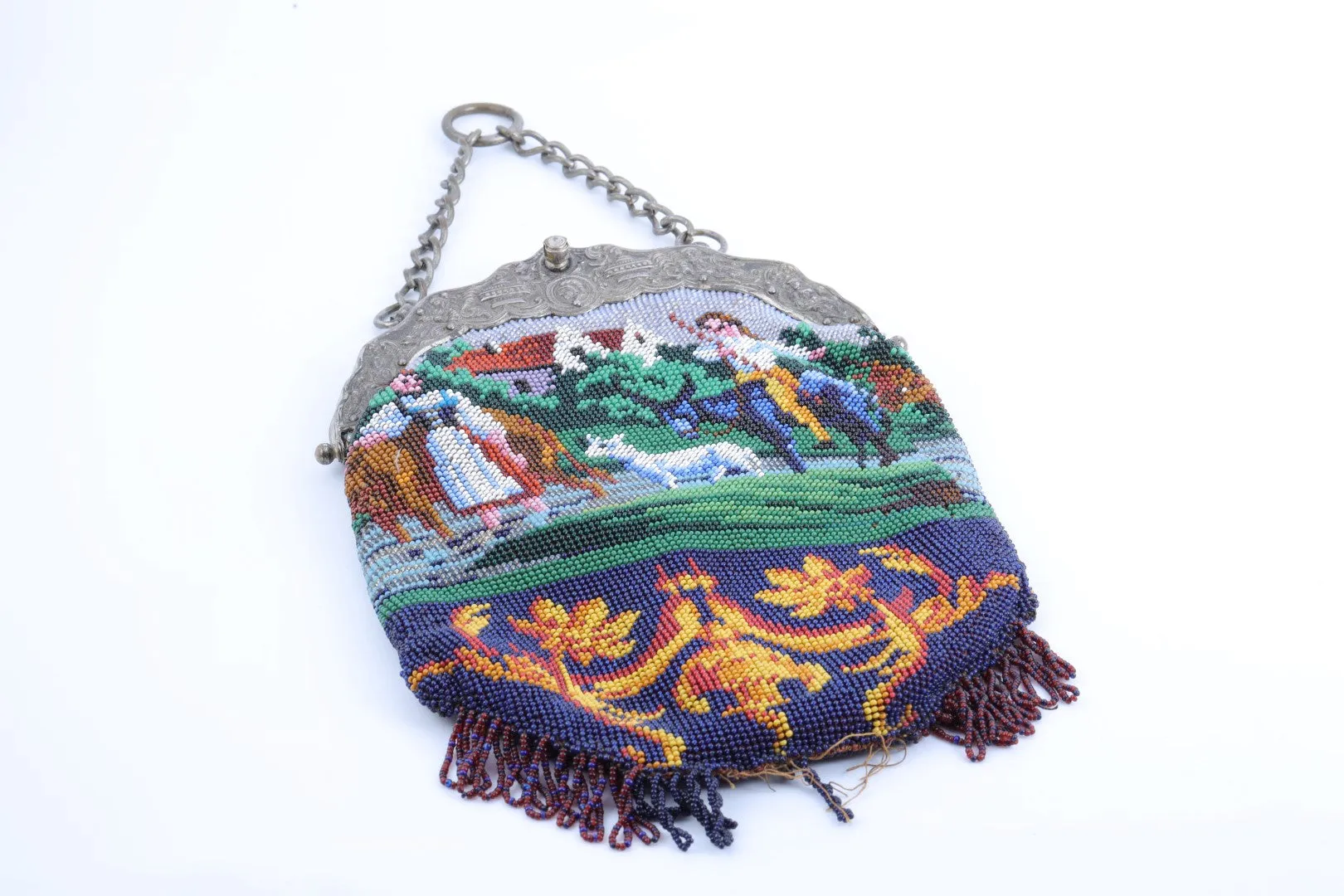 400 Silver Vintage Shepard Scene Beaded Handbag (309.00g.)