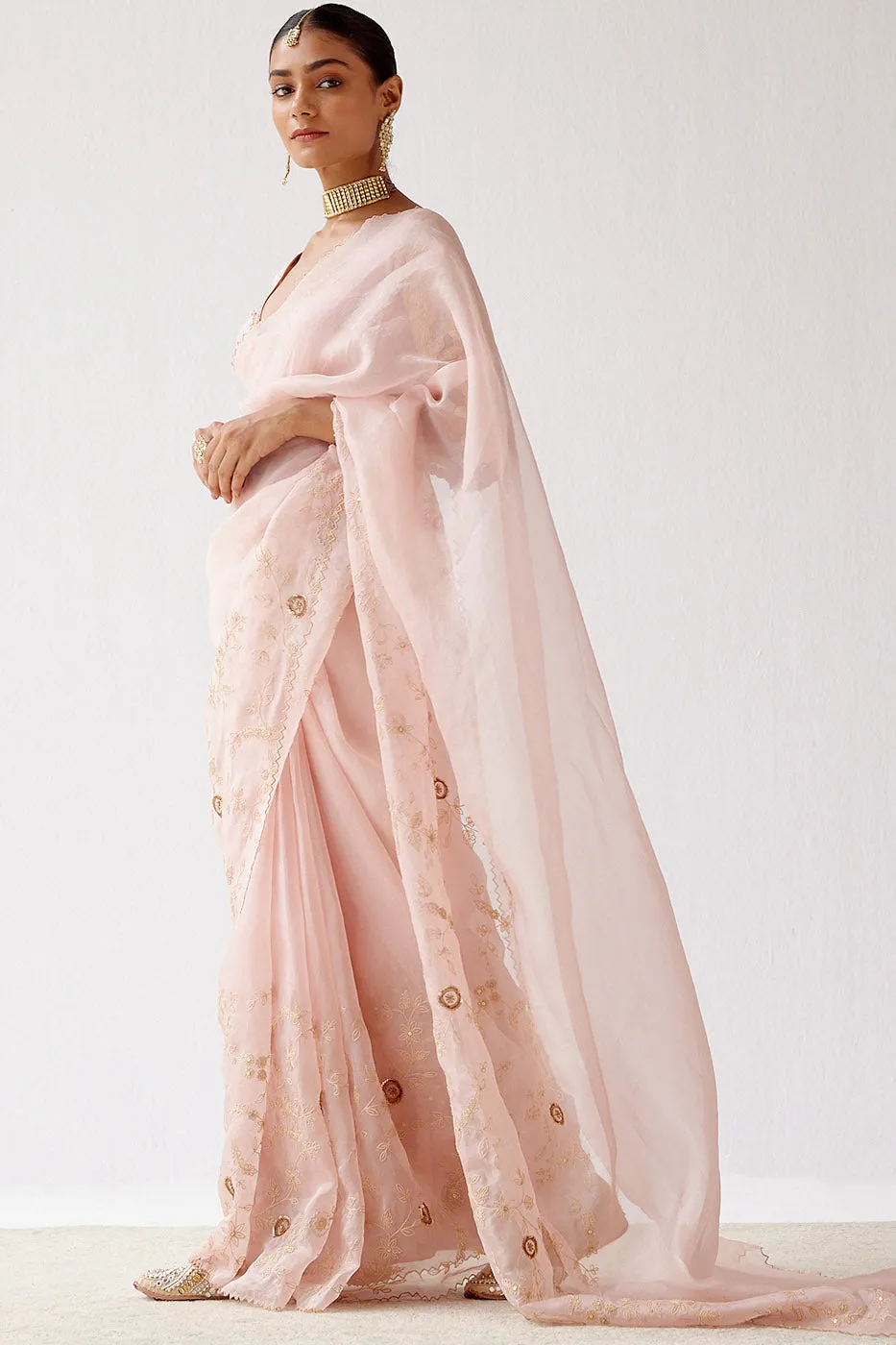 Baby Pink Embroidered Organza Saree