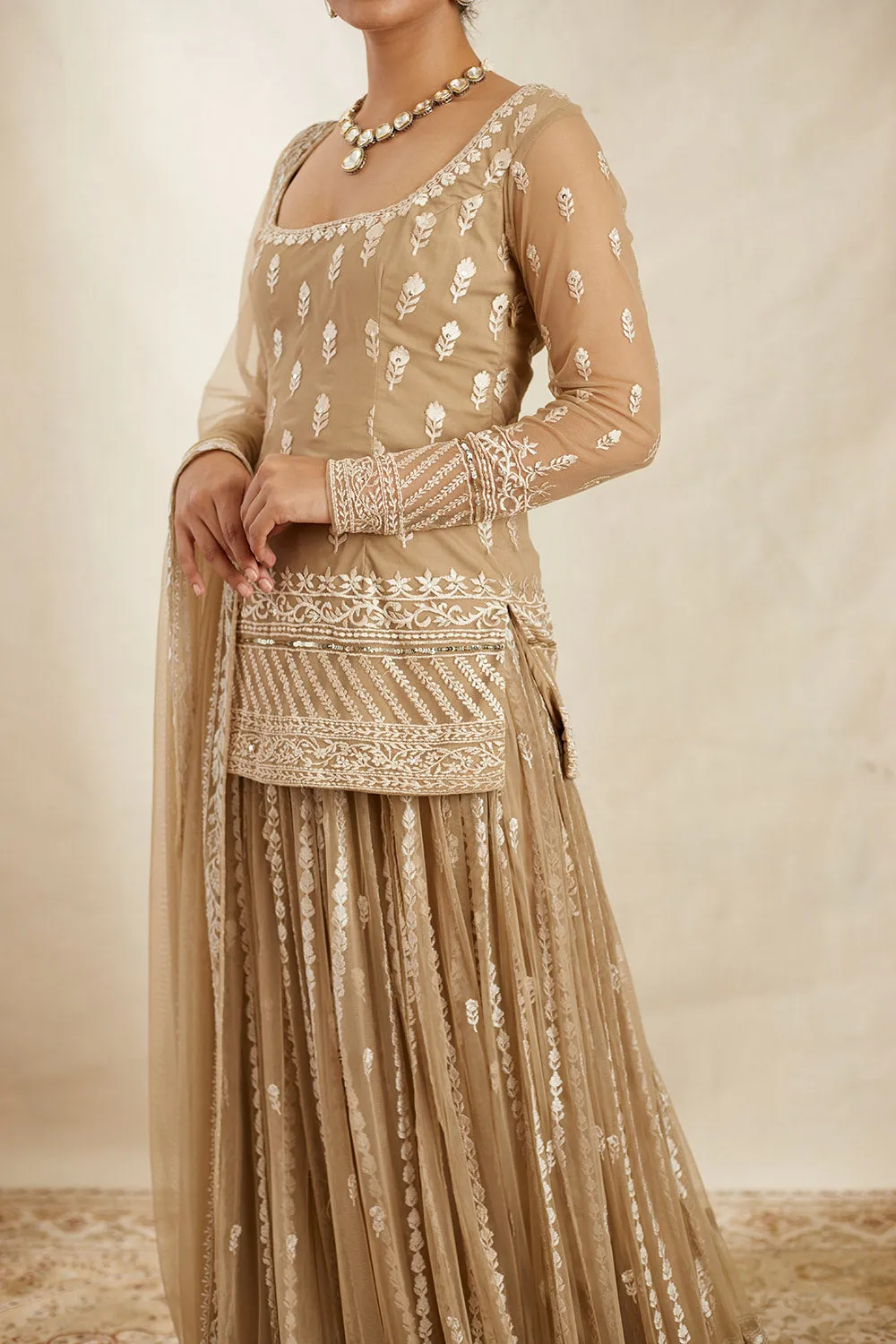 Beige and Cream Short Kurta Sharara