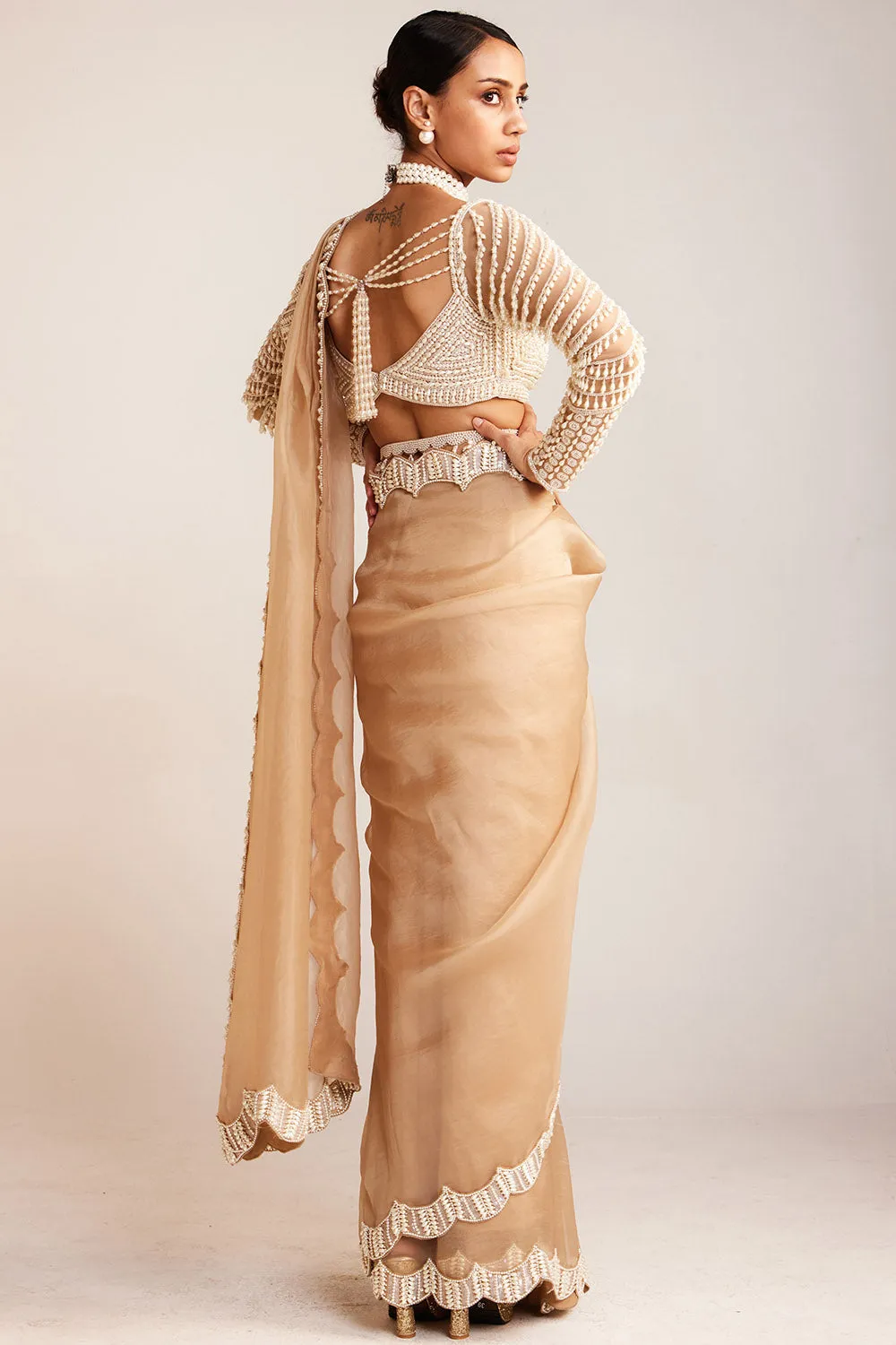 Beige Pearl Embellished Saree