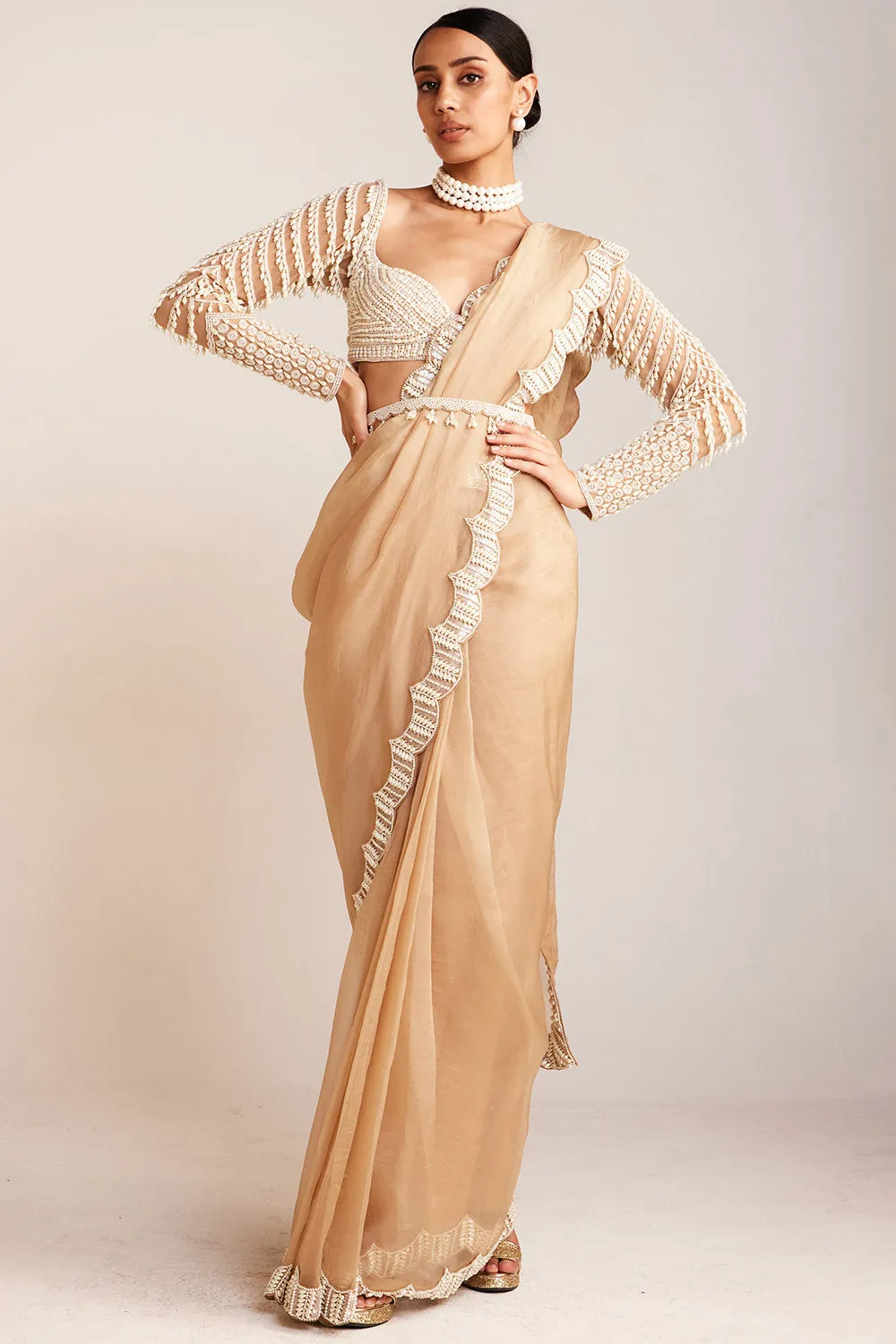 Beige Pearl Embellished Saree