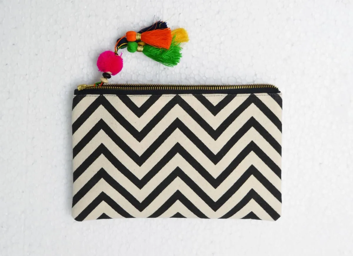 Black and white, geometric pattern, chevron print, make up or cosmetic bag, utility pouch, 5X9 inches