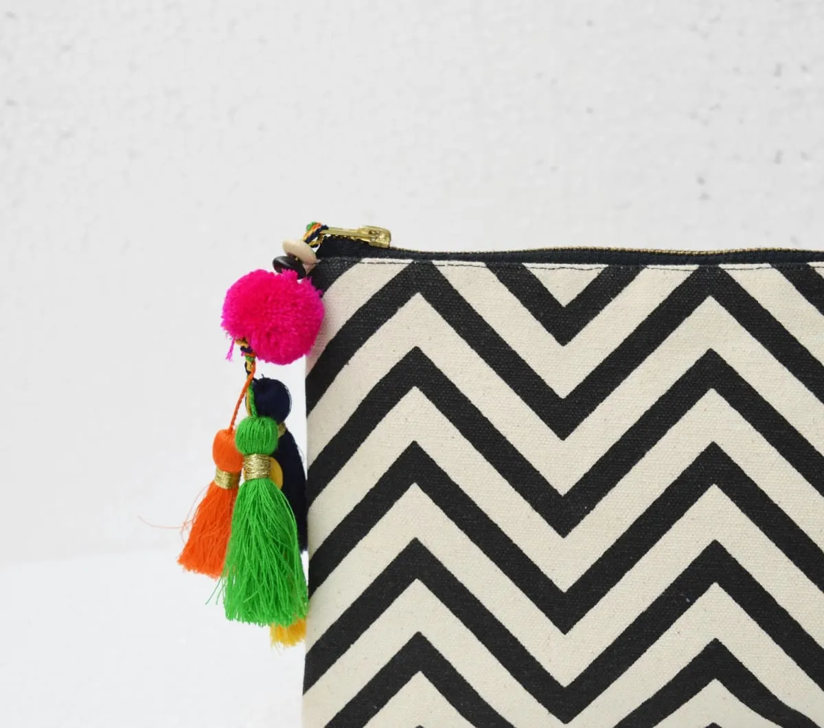 Black and white, geometric pattern, chevron print, make up or cosmetic bag, utility pouch, 5X9 inches