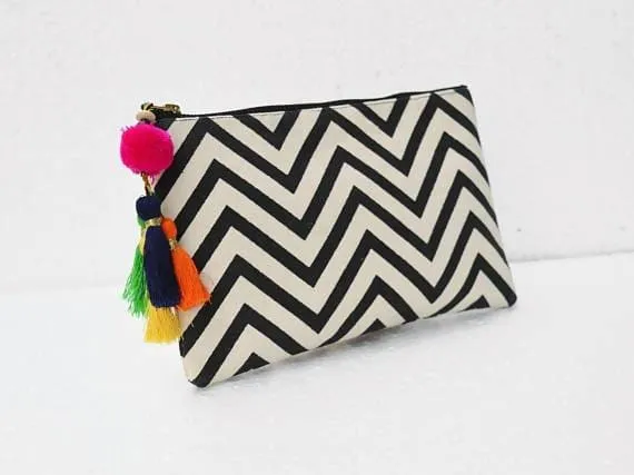 Black and white, geometric pattern, chevron print, make up or cosmetic bag, utility pouch, 5X9 inches