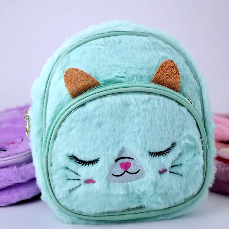 Cute LED Fluffy Kitty Cat Plush Backpack for Kindergarten