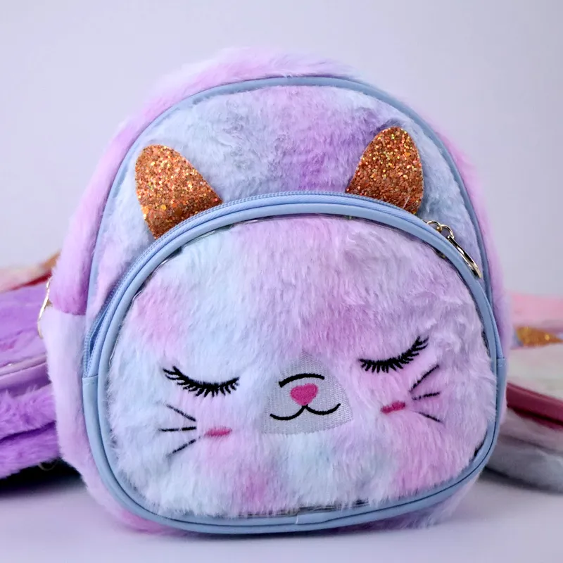 Cute LED Fluffy Kitty Cat Plush Backpack for Kindergarten