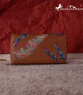 Feather embroidered wallet wristlet   Tan