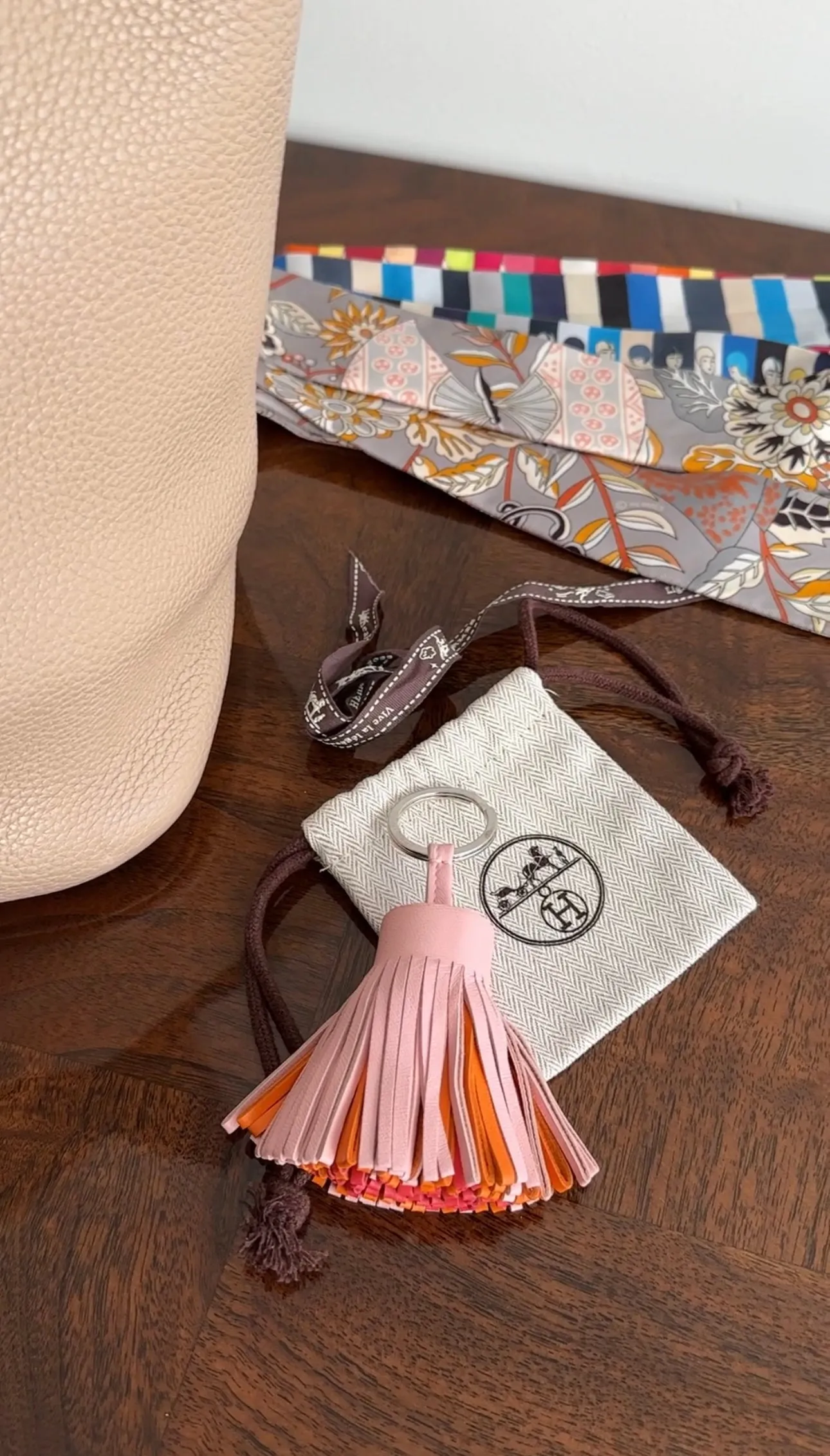 Hermes Carmen Key Chain Ring Bag Charm - rose sakura / Bougainvillea