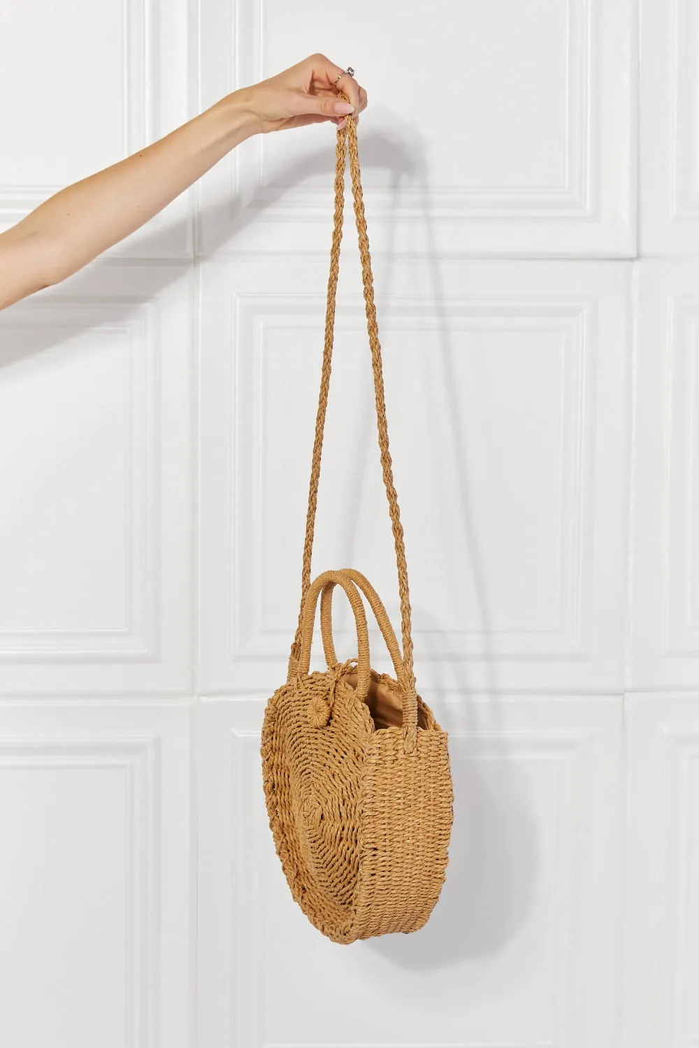 Justin Taylor Feeling Cute Rounded Rattan Handbag in Camel