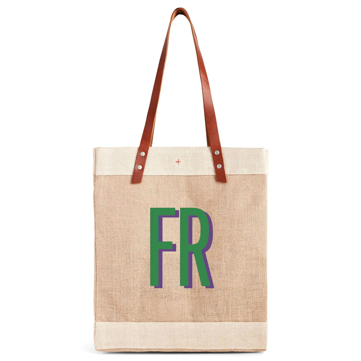 Market Tote in Natural with Large Green Monogram