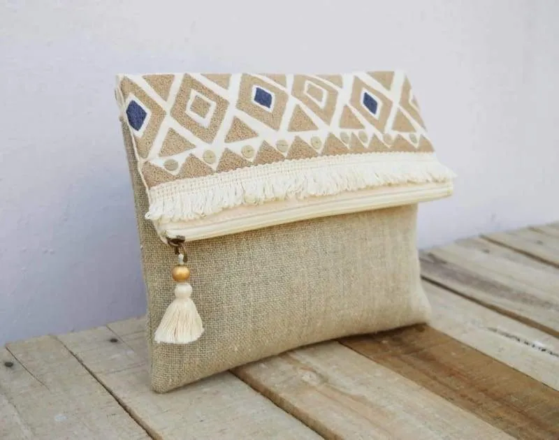 Natural Moroccan Boho Foldover Clutch in Pure Linen