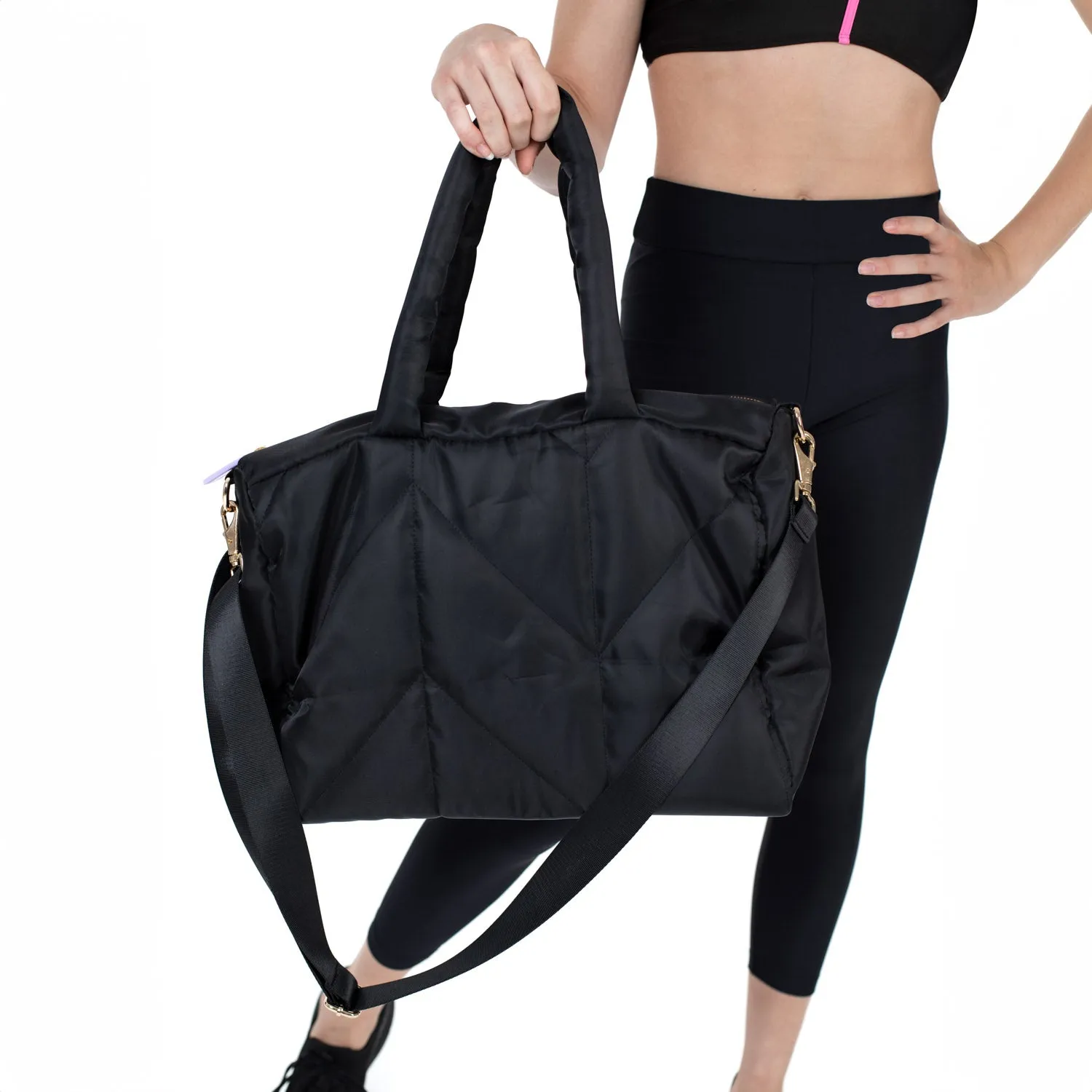 Puffer Style Dance Bag with Adjustable Shoulder Strap in Black