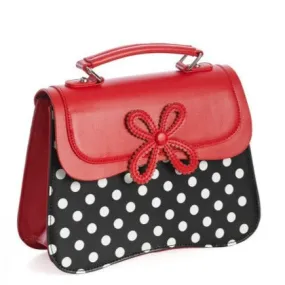 Red, Black and White Polka Dot Handbag with Flower Applique Detail