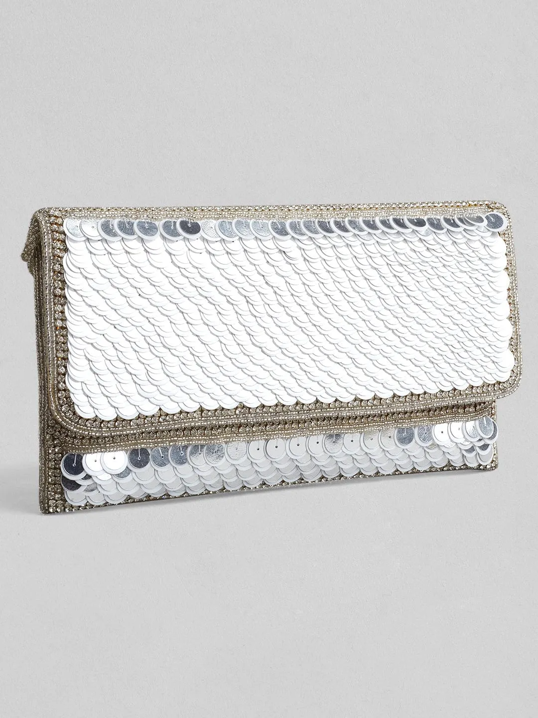 Rubans Silver Colour Clutch With Embroided Silver Design.