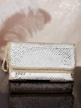 Rubans Silver Colour Clutch With Embroided Silver Design.