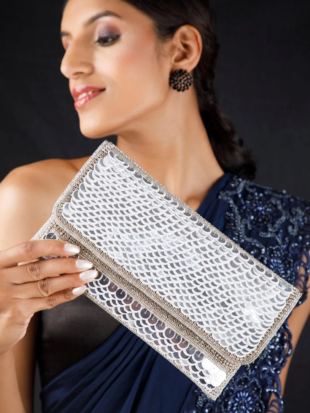 Rubans Silver Colour Clutch With Embroided Silver Design.