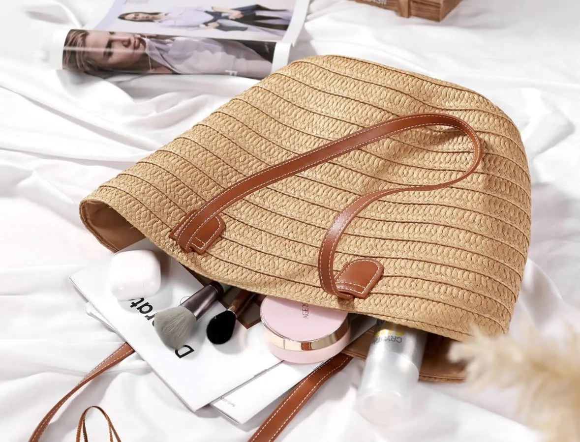 Straw Bucket Bag Stripe in tan