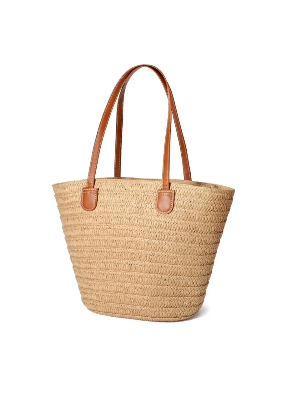 Straw Bucket Bag Stripe in tan