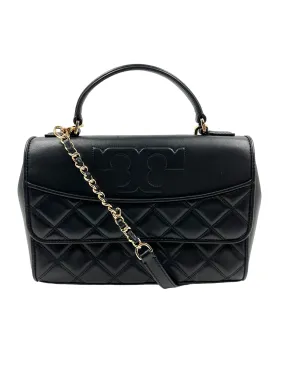 Tory Burch Black Leather Quilted Logo Flap Bag