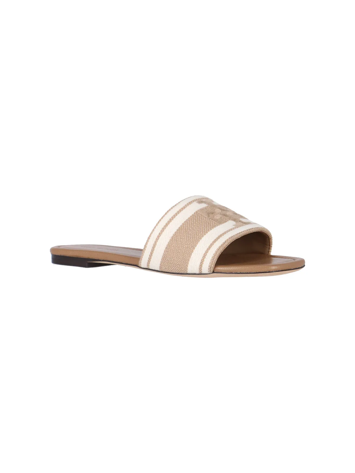 TORY BURCH DOUBLE T JACQUARD SLIDE IN BEIGE