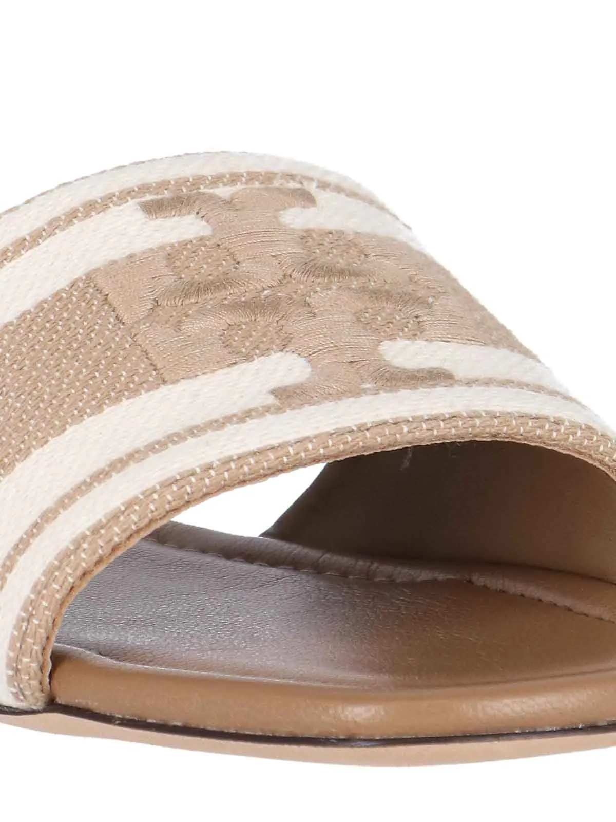 TORY BURCH DOUBLE T JACQUARD SLIDE IN BEIGE