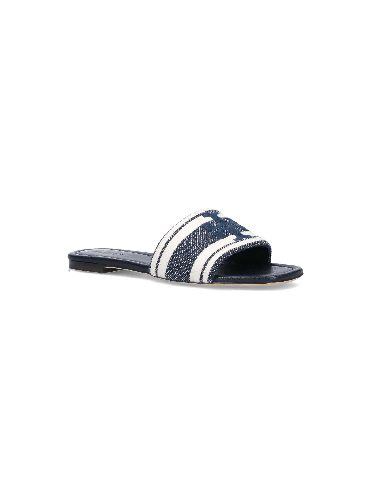 TORY BURCH DOUBLE T JACQUARD SLIDE IN BLUE