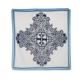 TORY BURCH PRINTED LOGO OVER-SIZED SQUARE SCARF IN BLUE